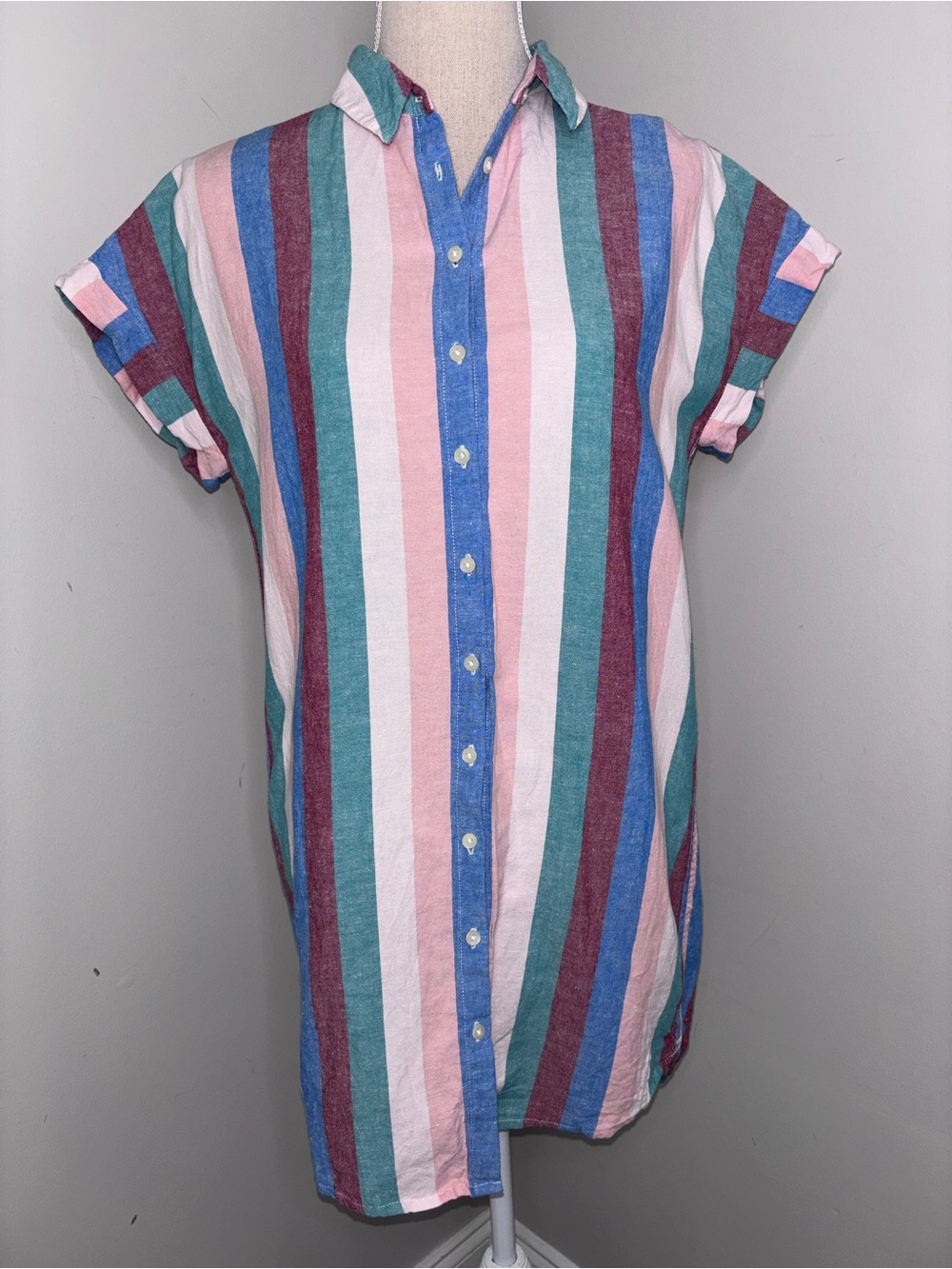 Madewell striped shirtdress short sleeve linen blend buttonfront size Small